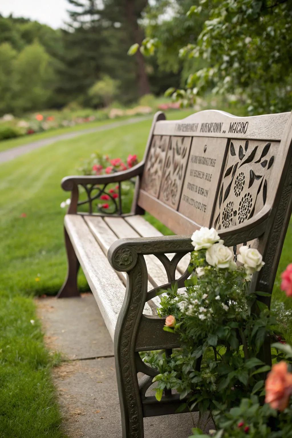 A memorial bench featuring personalized engravings in a tranquil garden.