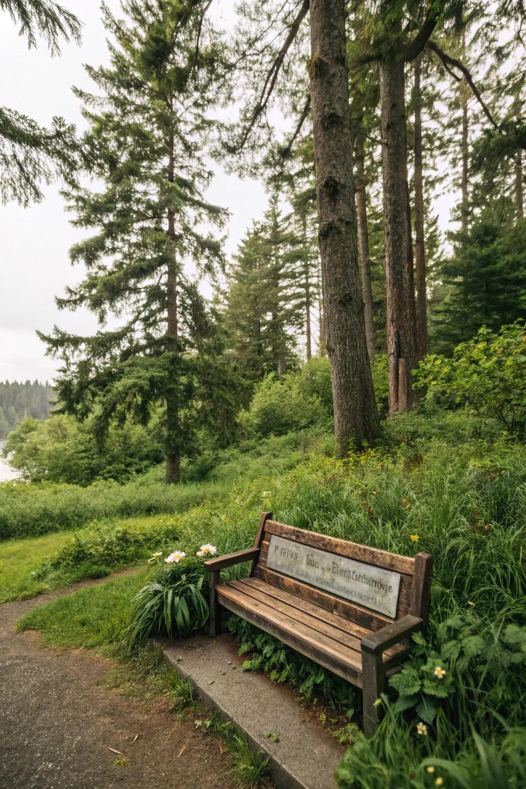 An eco-friendly memorial bench crafted from recycled materials in a park.
