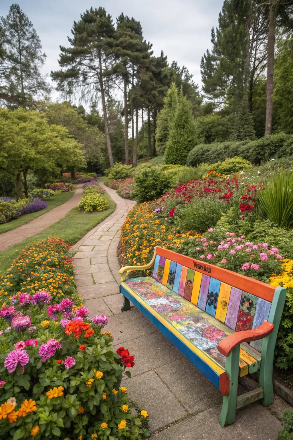 A memorial bench featuring a custom color palette in a vibrant garden.
