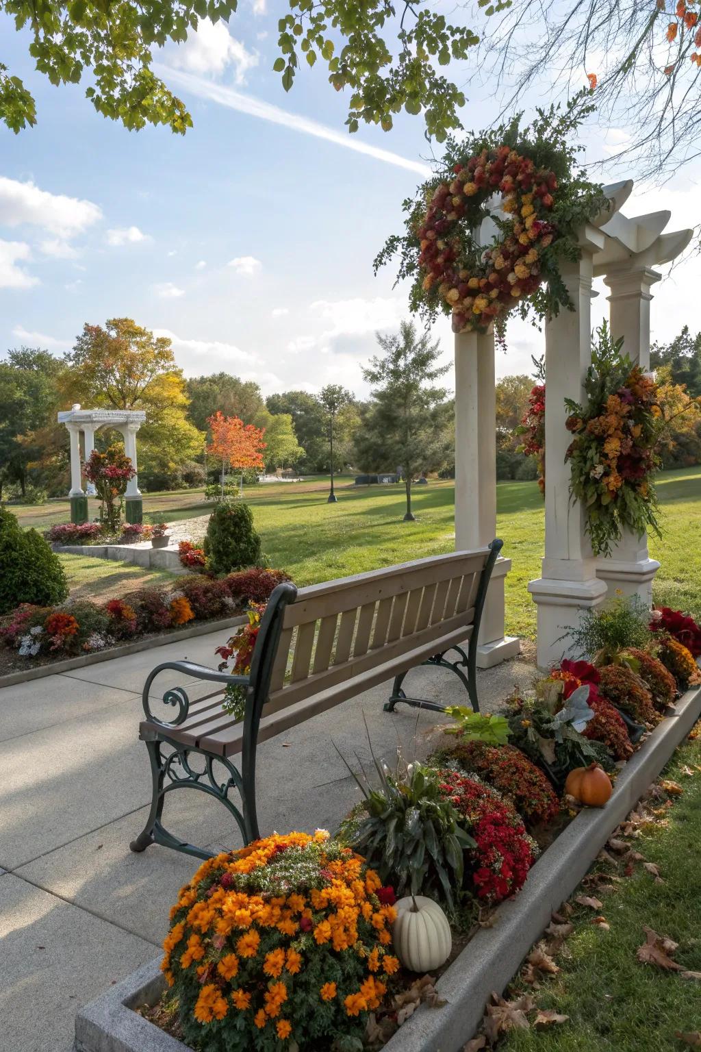 A memorial bench enhanced with seasonal accents in a park setting.