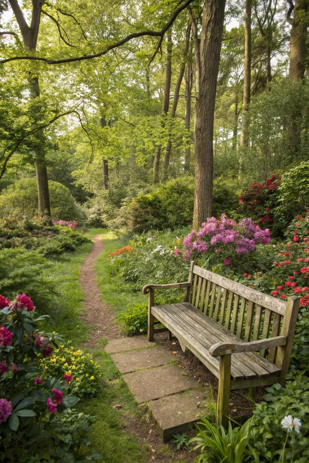 A rustic memorial bench crafted from natural wood surrounded by greenery.