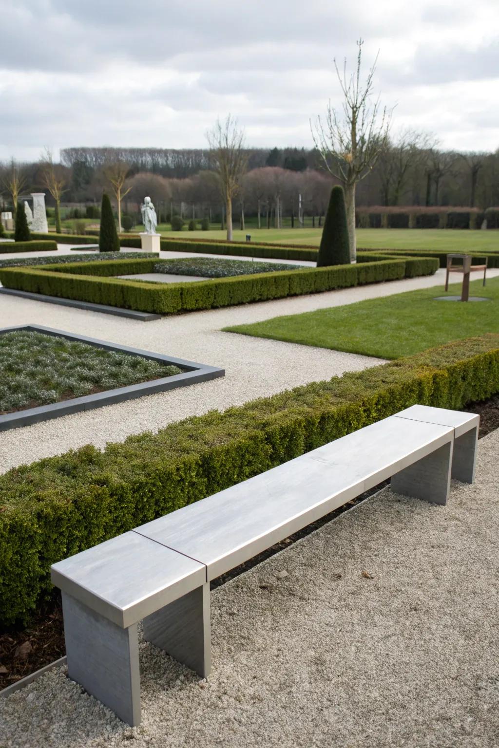 A modern minimalist memorial bench with sleek lines in a contemporary garden.