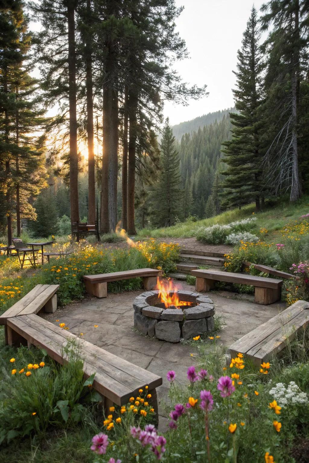Rustic charm with wooden benches creates a natural gathering space.