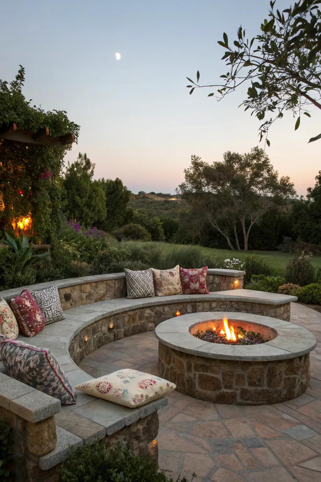 Half-moon stone benches provide a unique and stylish seating solution.