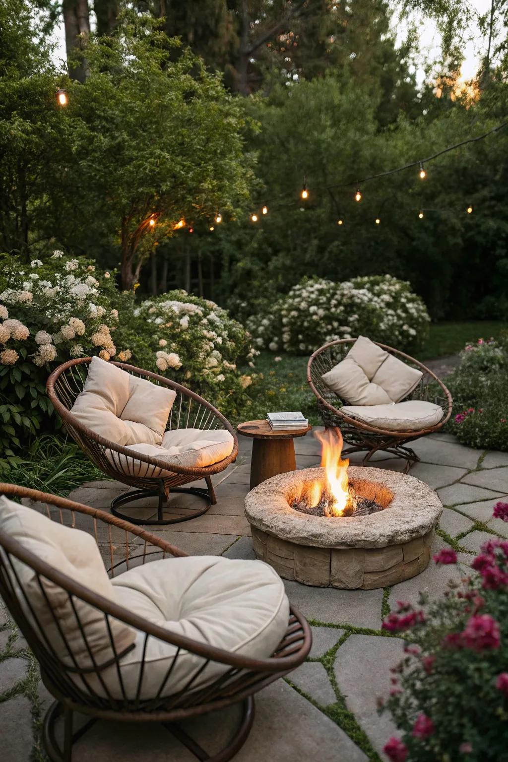 Papasan chairs offer cozy comfort and a relaxed vibe for fire pit areas.