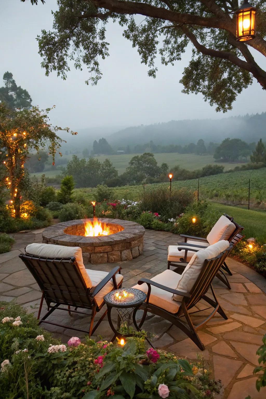 Lounge chairs provide luxurious comfort for fire pit relaxation.