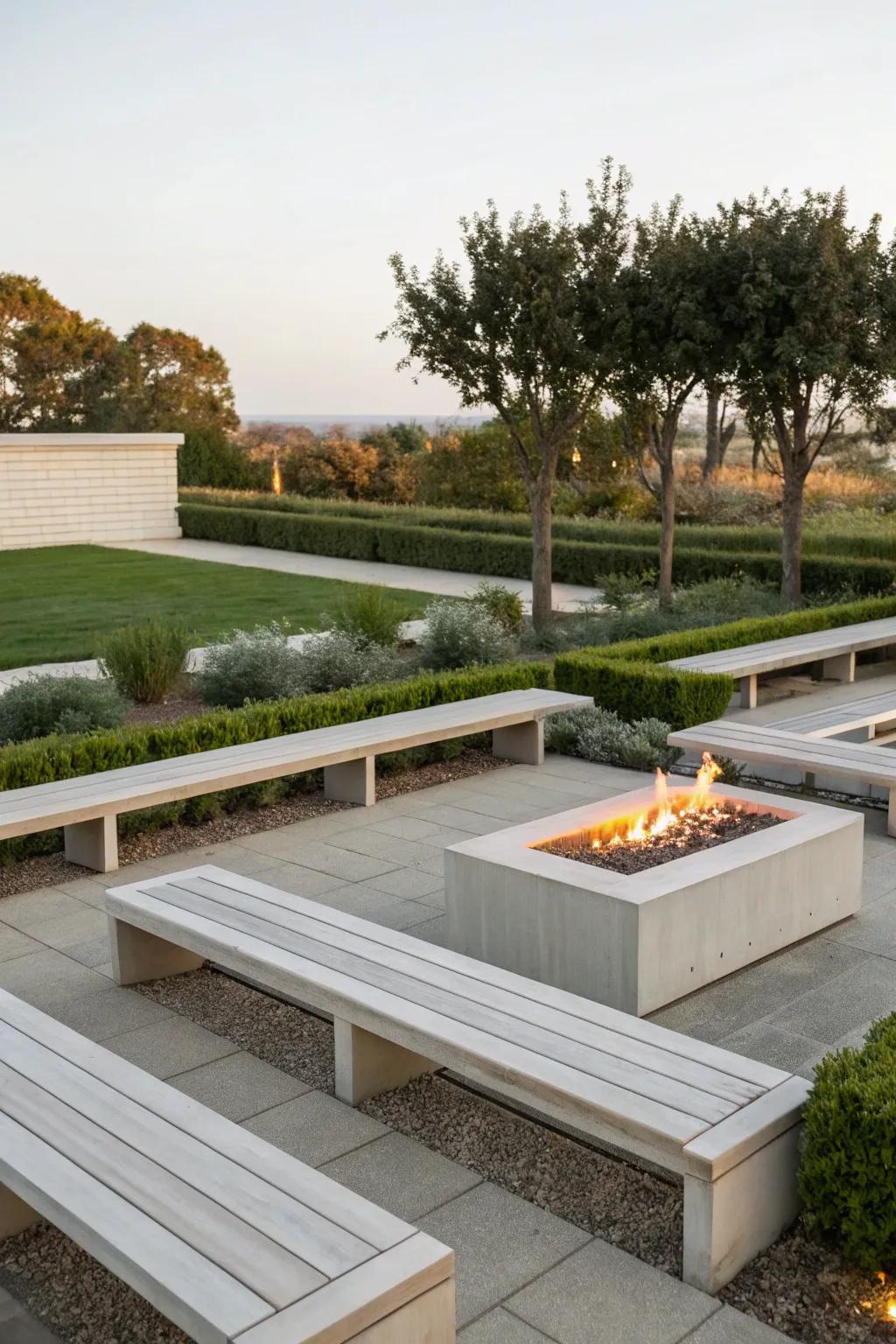 Modern linear benches offer a sleek and minimalist seating option.