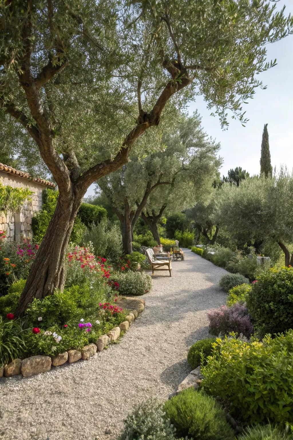Olive trees offer shade and a classic Mediterranean look.