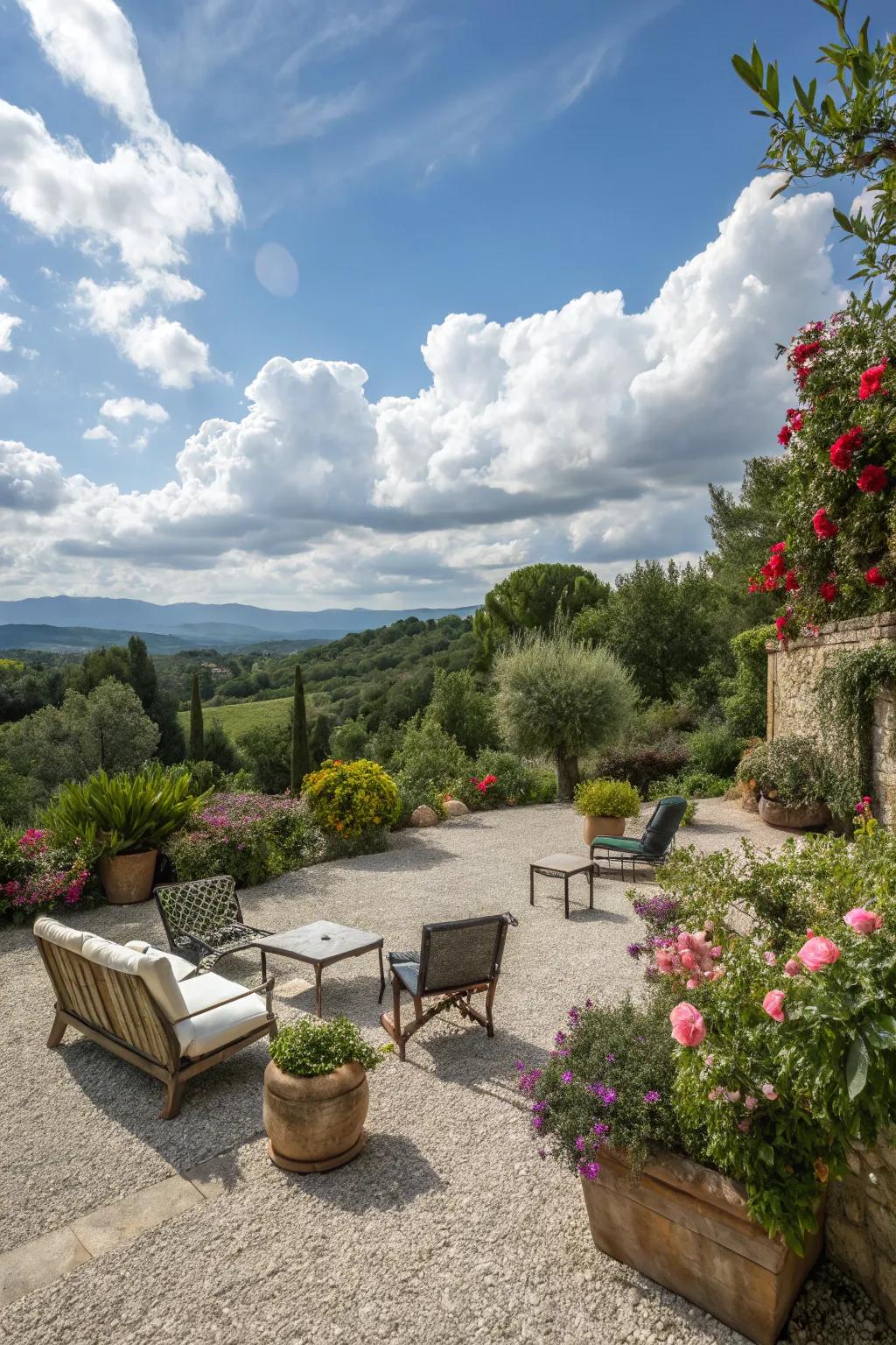 Gravel terraces are perfect for gatherings.