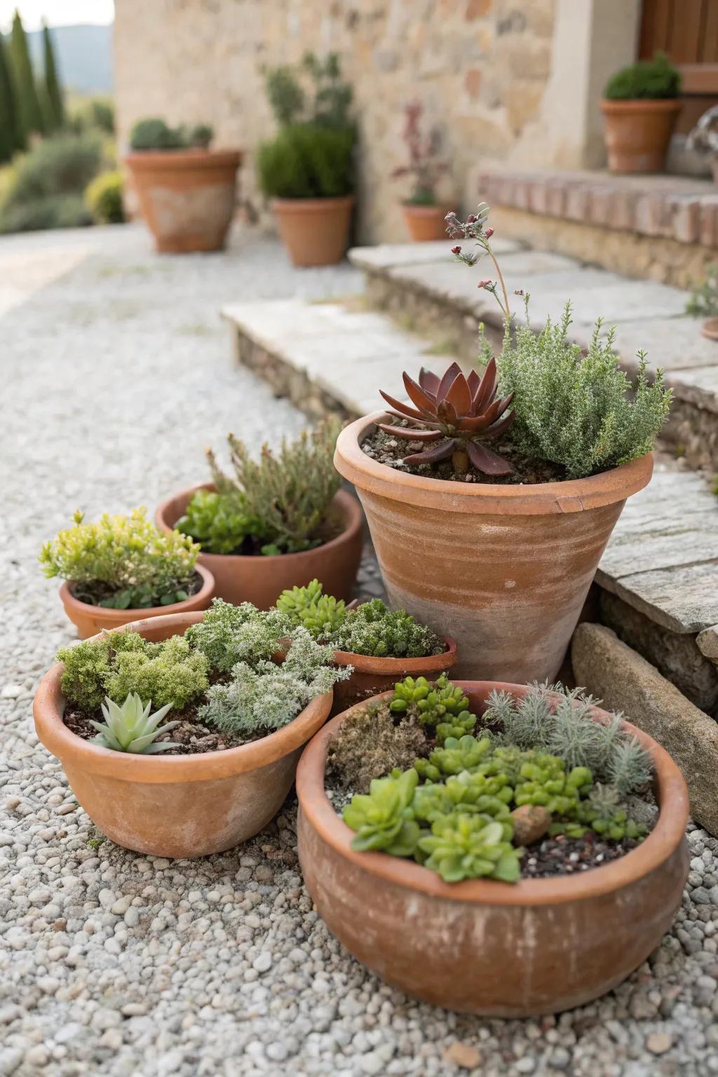 Terracotta pots bring a rustic charm to garden spaces.