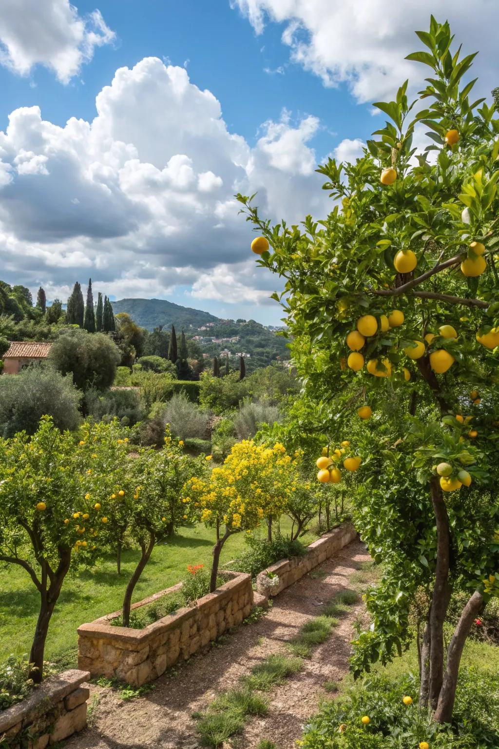 Citrus trees add vibrancy and utility.