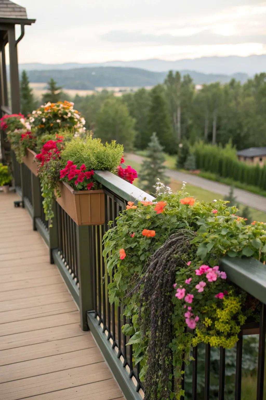Over-the-railing planters add instant charm and greenery.