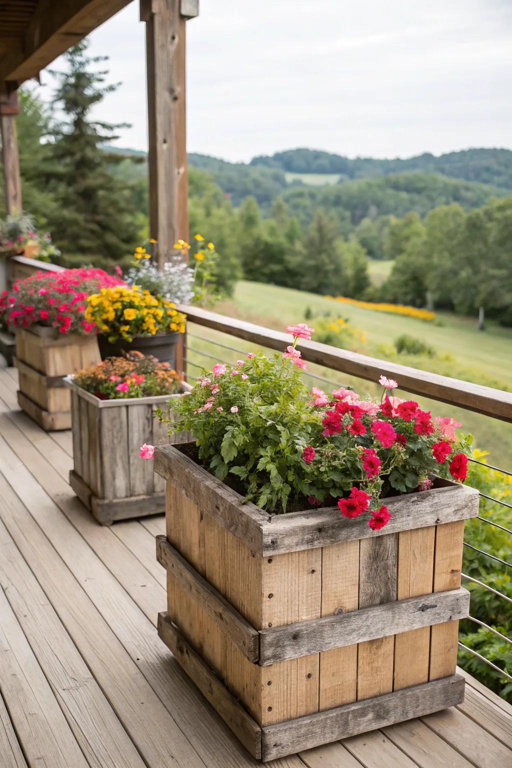 Rustic wooden boxes bring a natural touch to your deck.