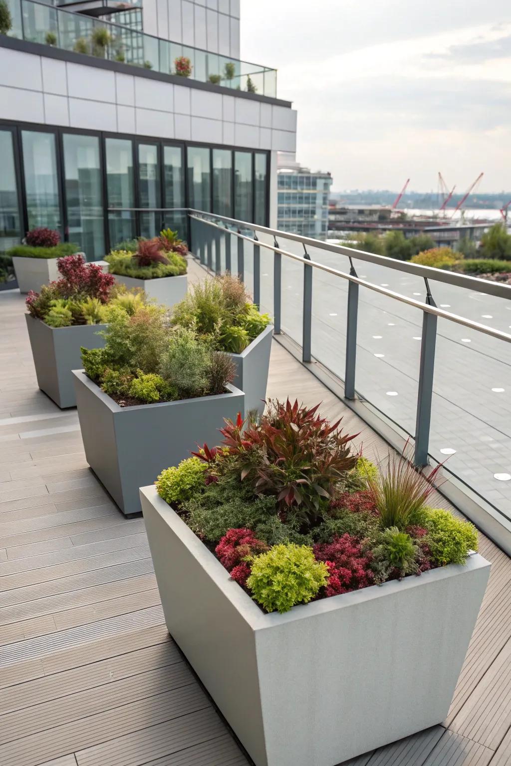 Geometric planters create a clean and modern aesthetic.