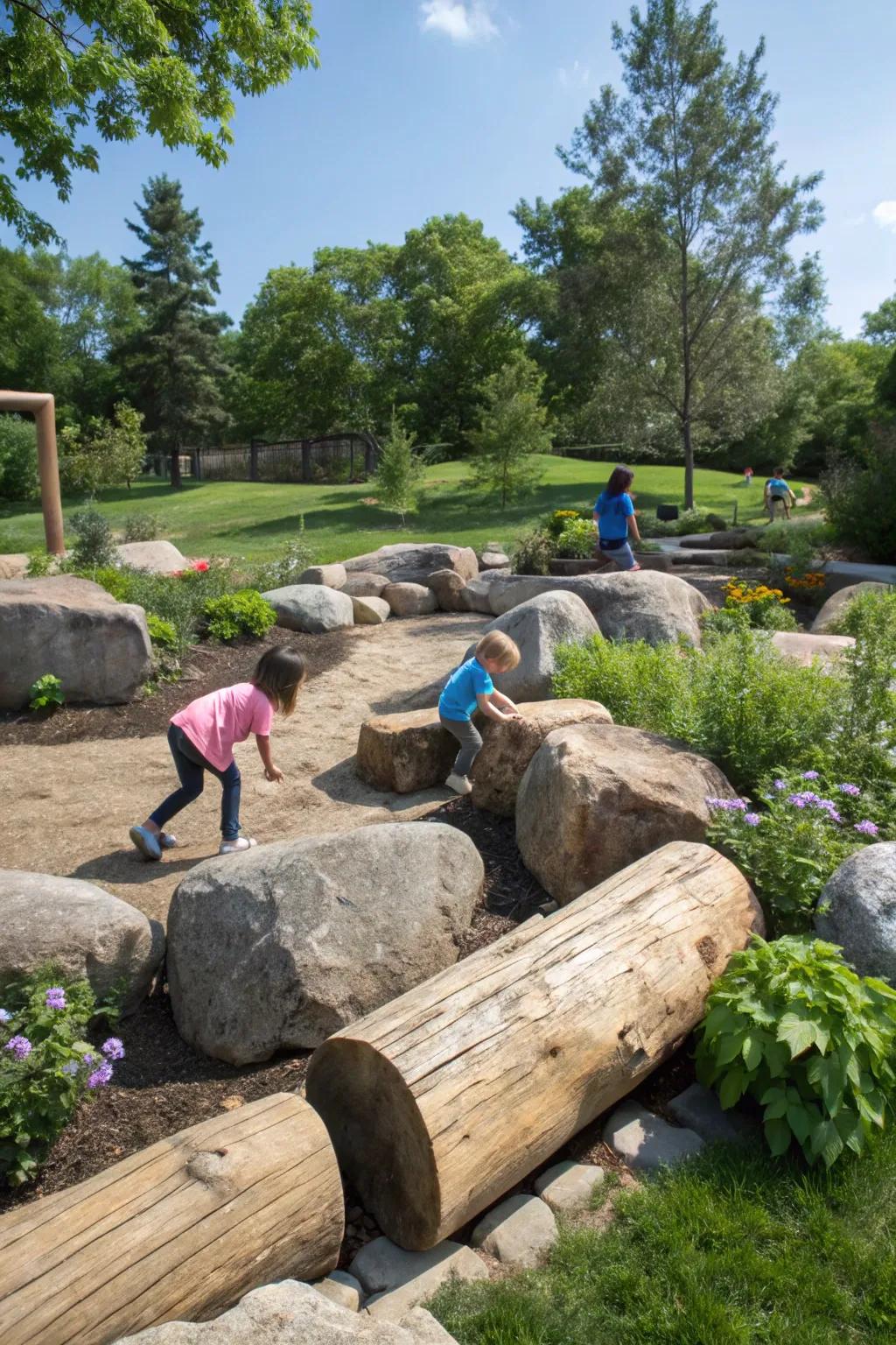 A natural play area with rocks and logs encourages exploration.