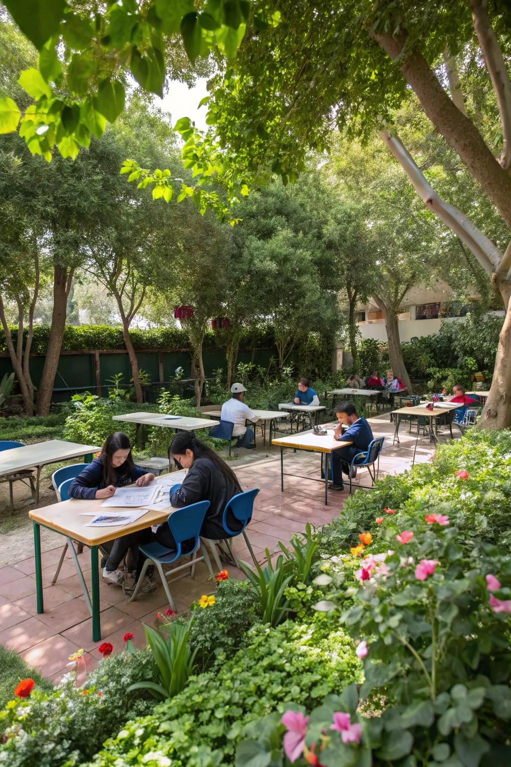 An outdoor classroom setup blends nature with structured learning.