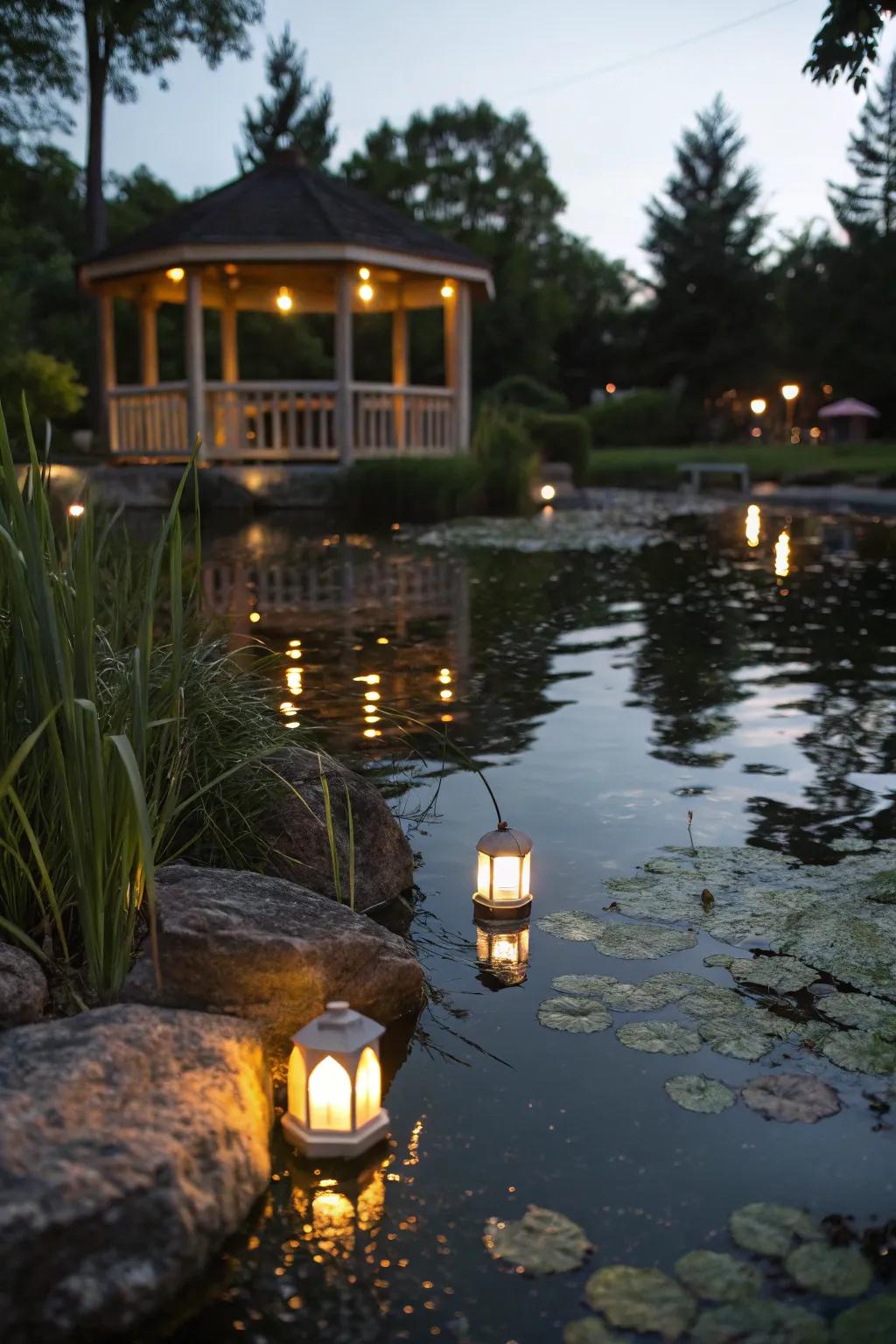 Magical underwater lighting illuminating the pond and gazebo at night.