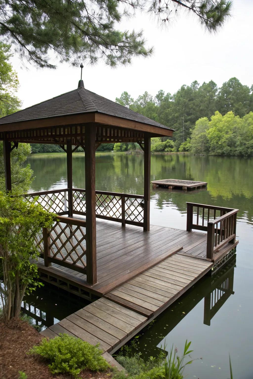 A floating deck extending from a gazebo, providing extra relaxation space.