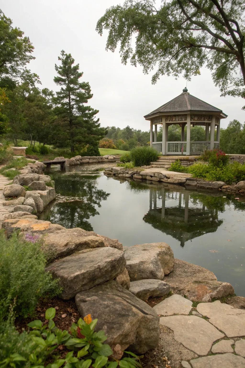 Elegant natural stone framing a serene pond and gazebo.