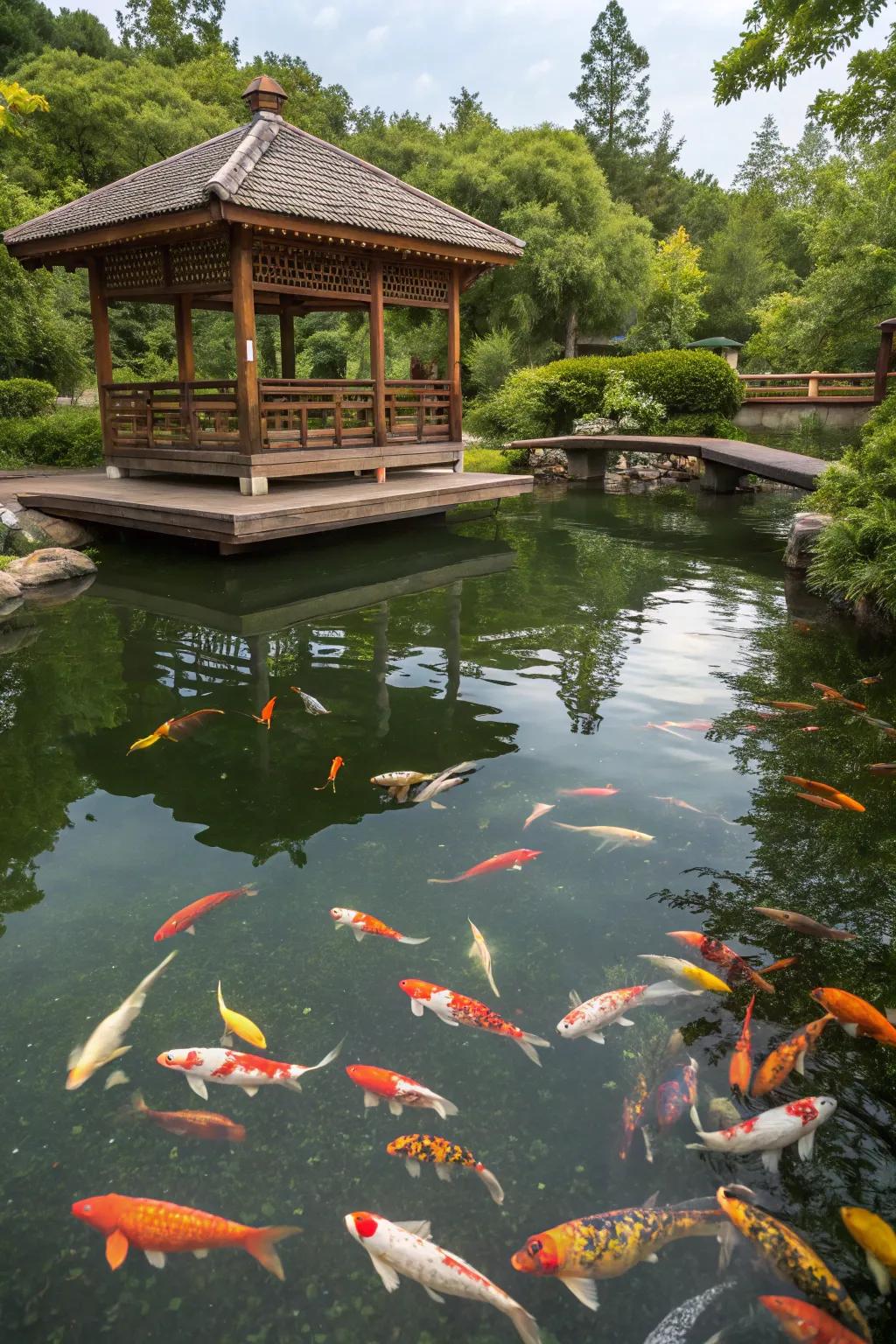 Vibrant koi fish adding life and color to the garden pond.