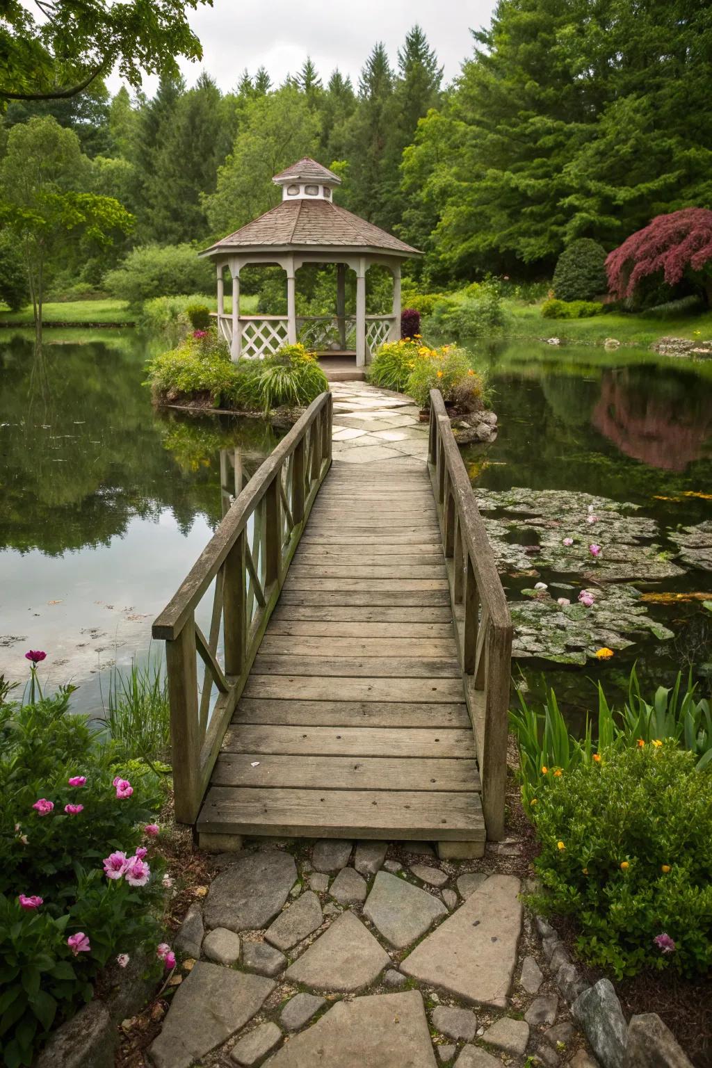 A quaint wooden bridge inviting you to explore the gazebo by the pond.