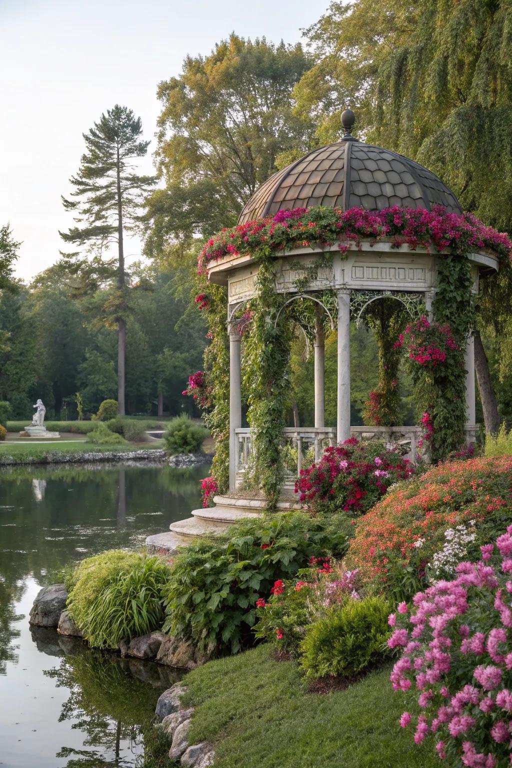 A gazebo enveloped in a lush tapestry of plants and flowers.
