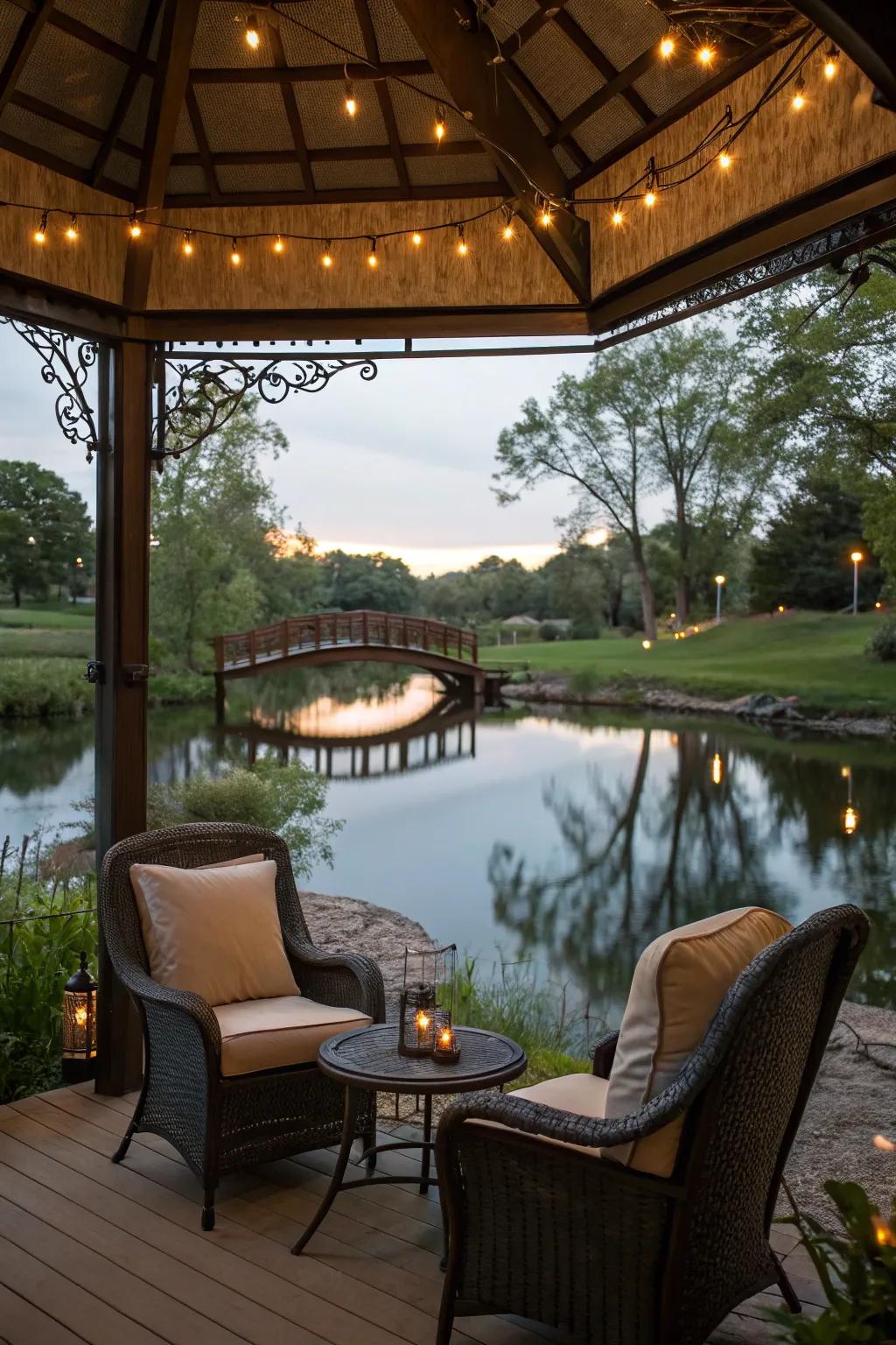 Inviting seating in a gazebo, perfect for relaxing by the pond.