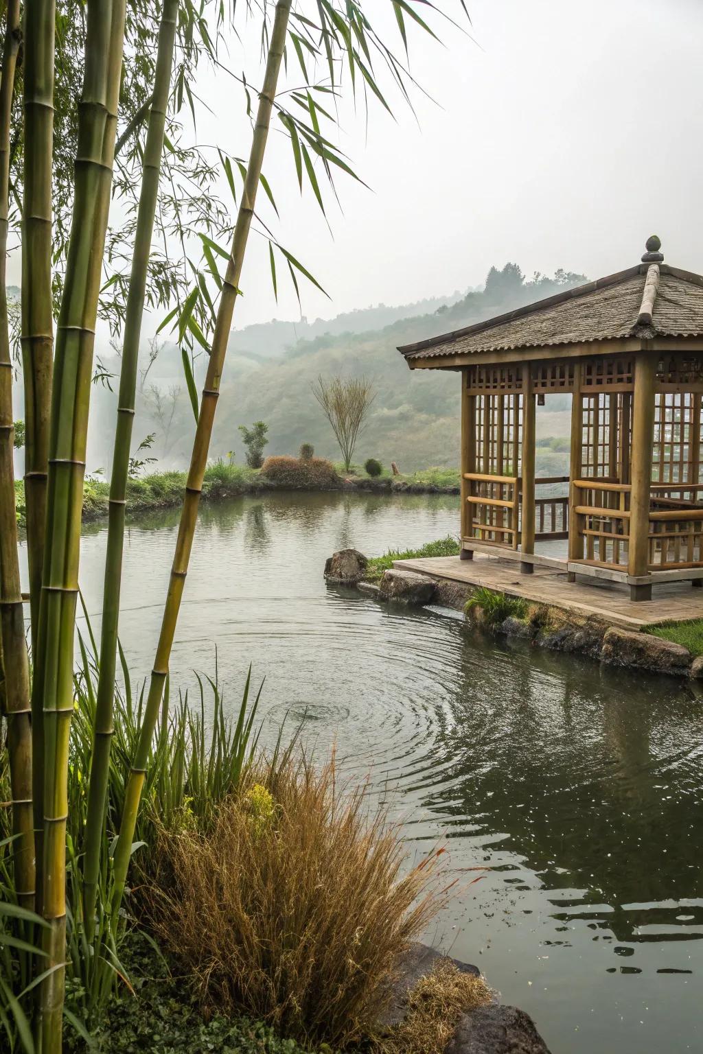 Bamboo elements creating a tranquil, Zen-like pond atmosphere.