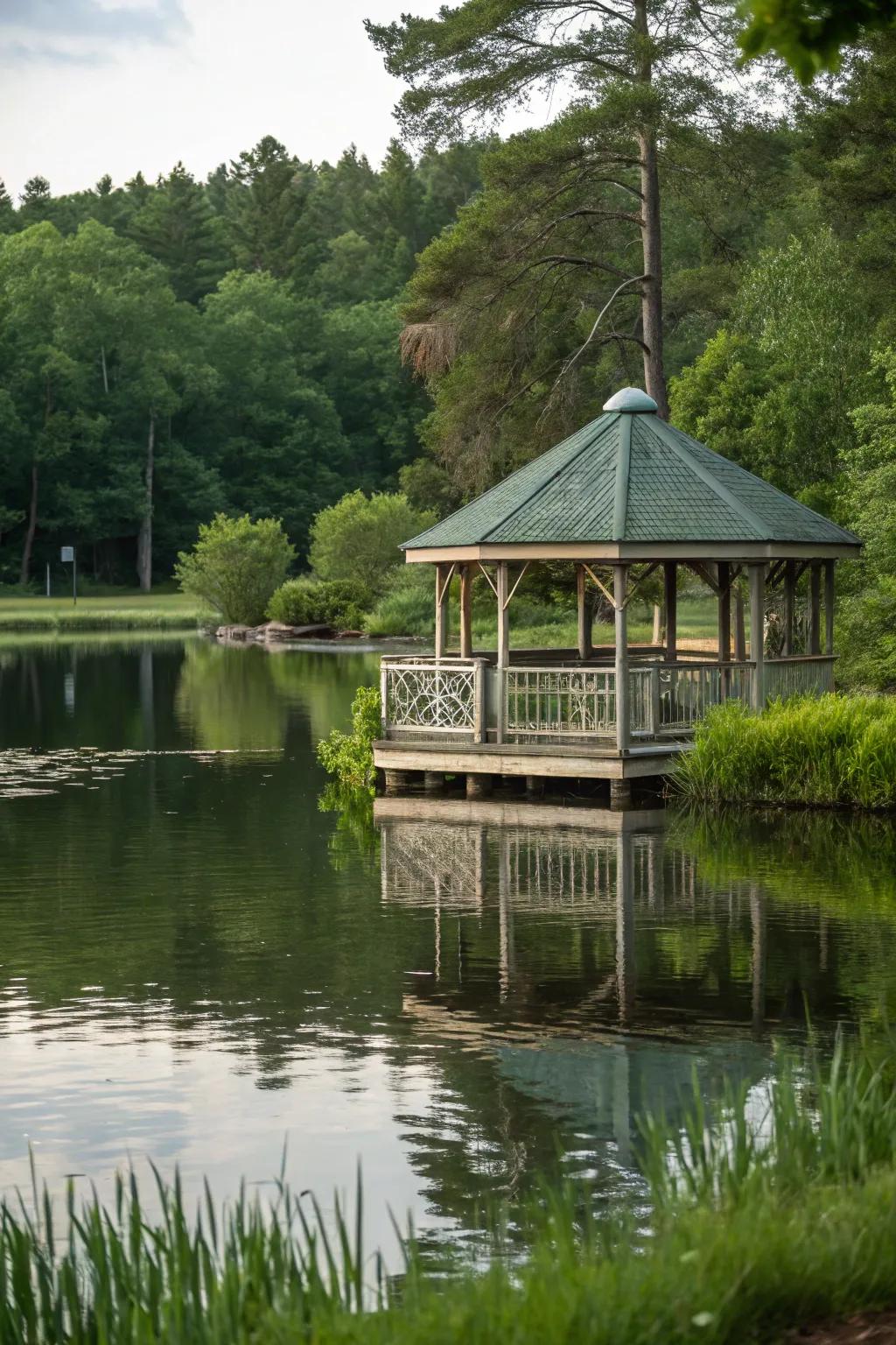 A unique floating gazebo offering a serene escape on the pond.