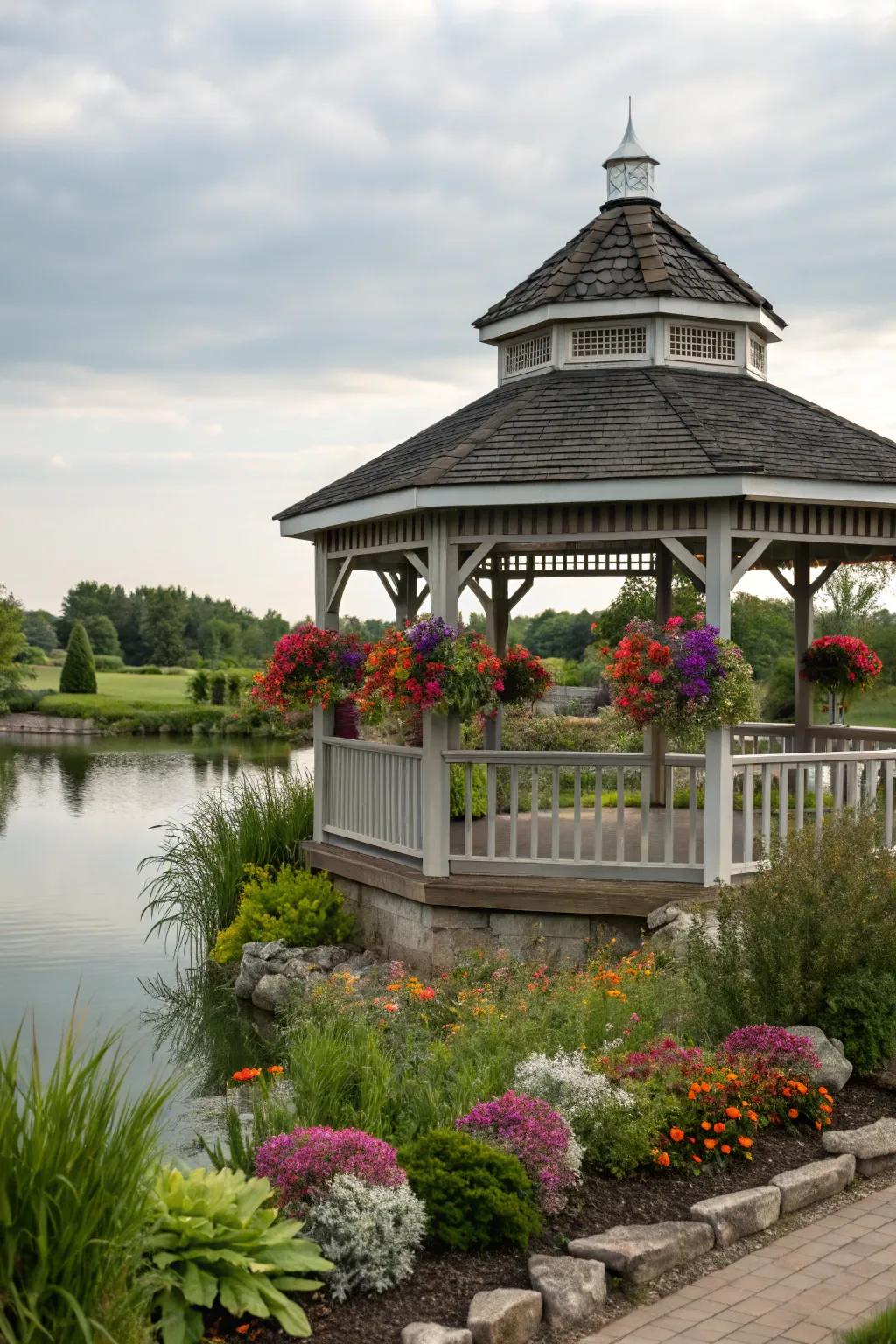 Built-in planters in a gazebo, keeping nature within arm's reach.