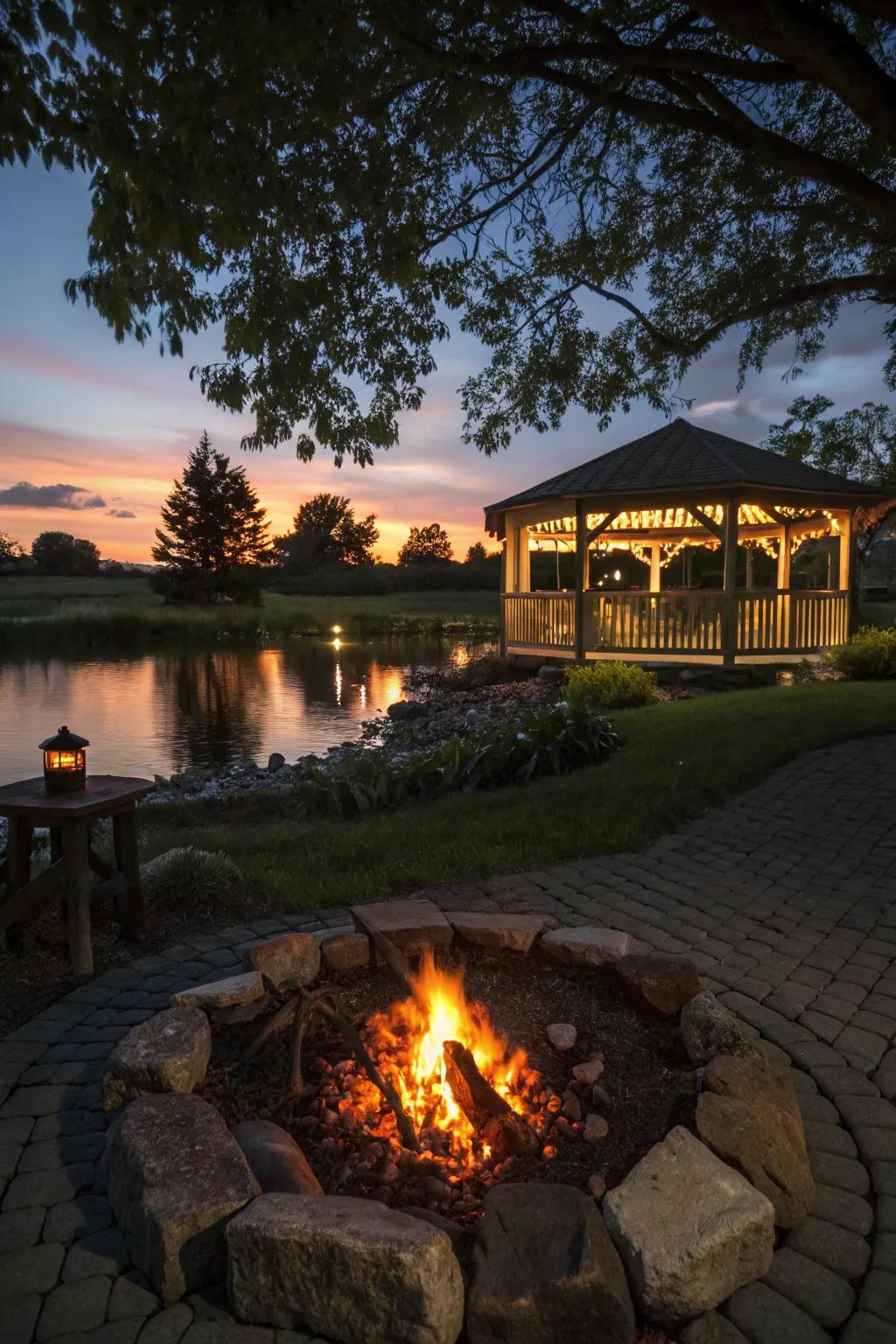 A glowing fire pit adding warmth and charm to the pondside gazebo.
