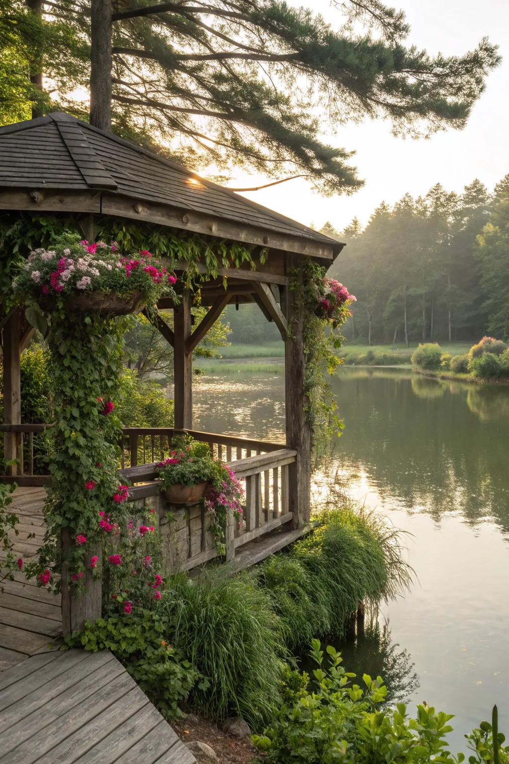 A rustic wooden gazebo gracefully positioned by a serene pond.