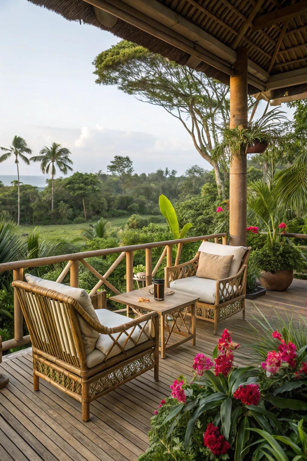 Escape to a tropical oasis with bamboo and greenery.