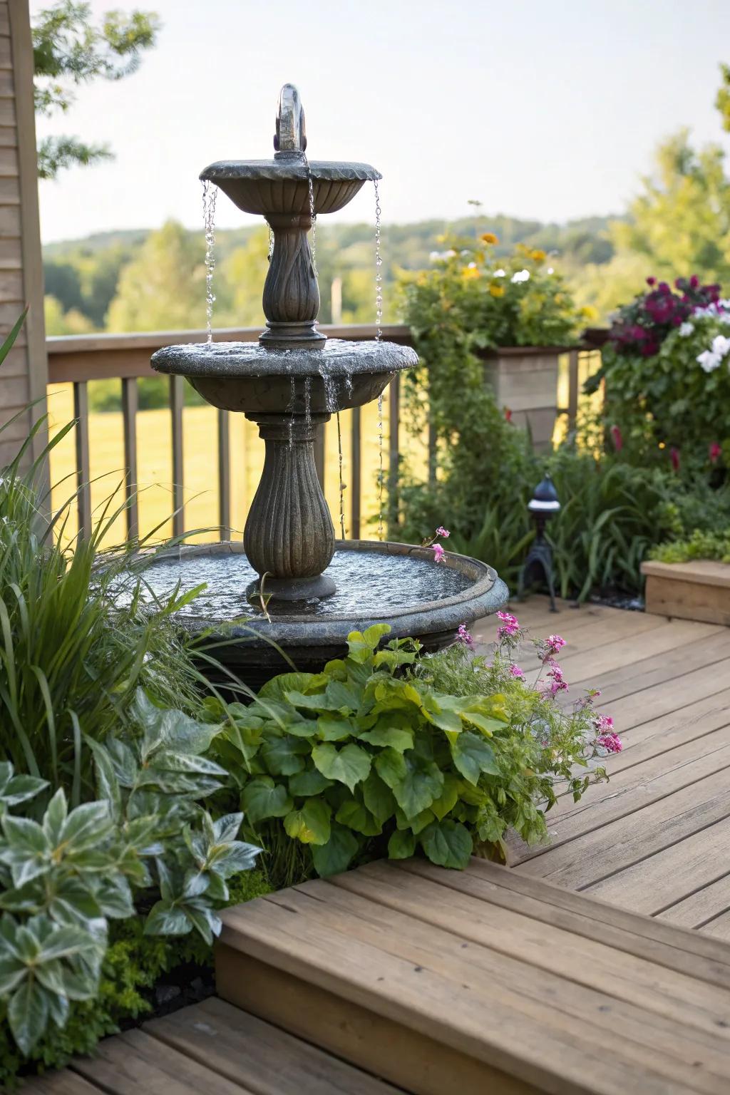 Add tranquility to your deck with a calming water feature.