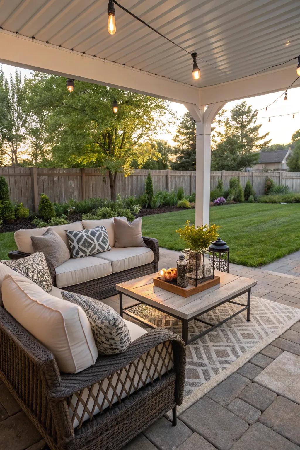 Set up a cozy outdoor living room for relaxing evenings.