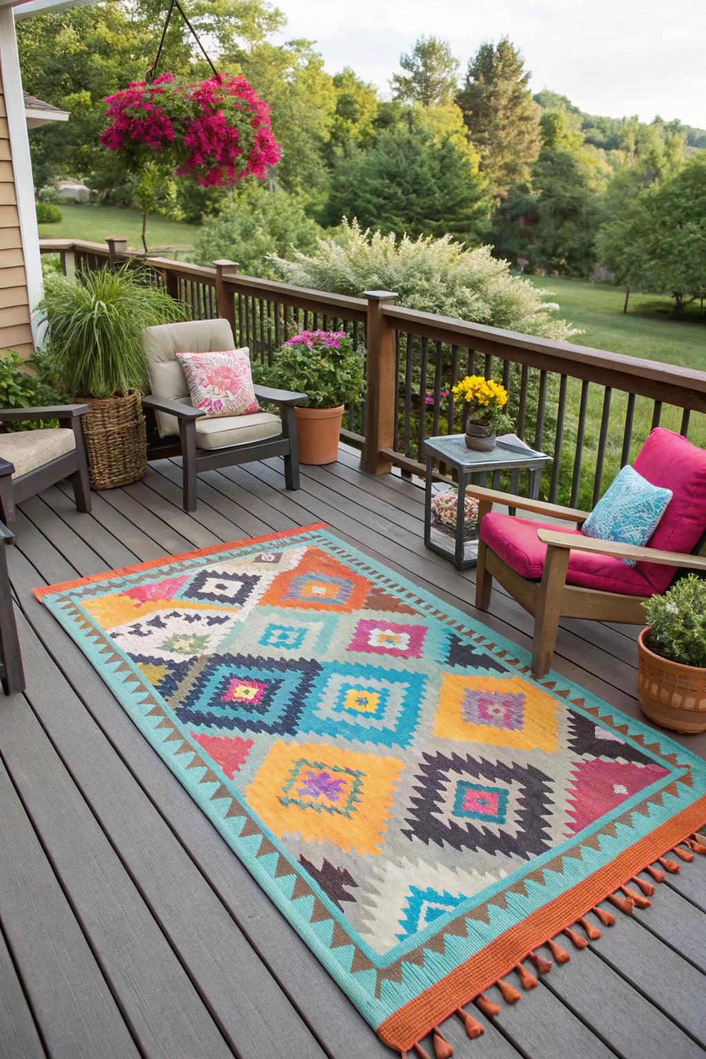 Define your space with vibrant outdoor rugs.