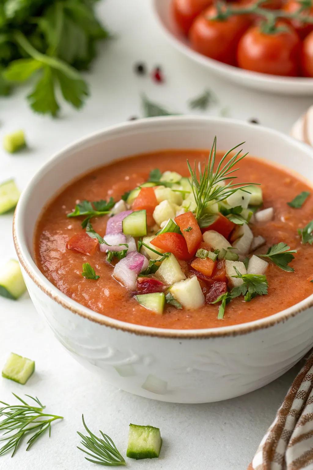 Refreshing chilled gazpacho, a taste of summer in every spoonful.