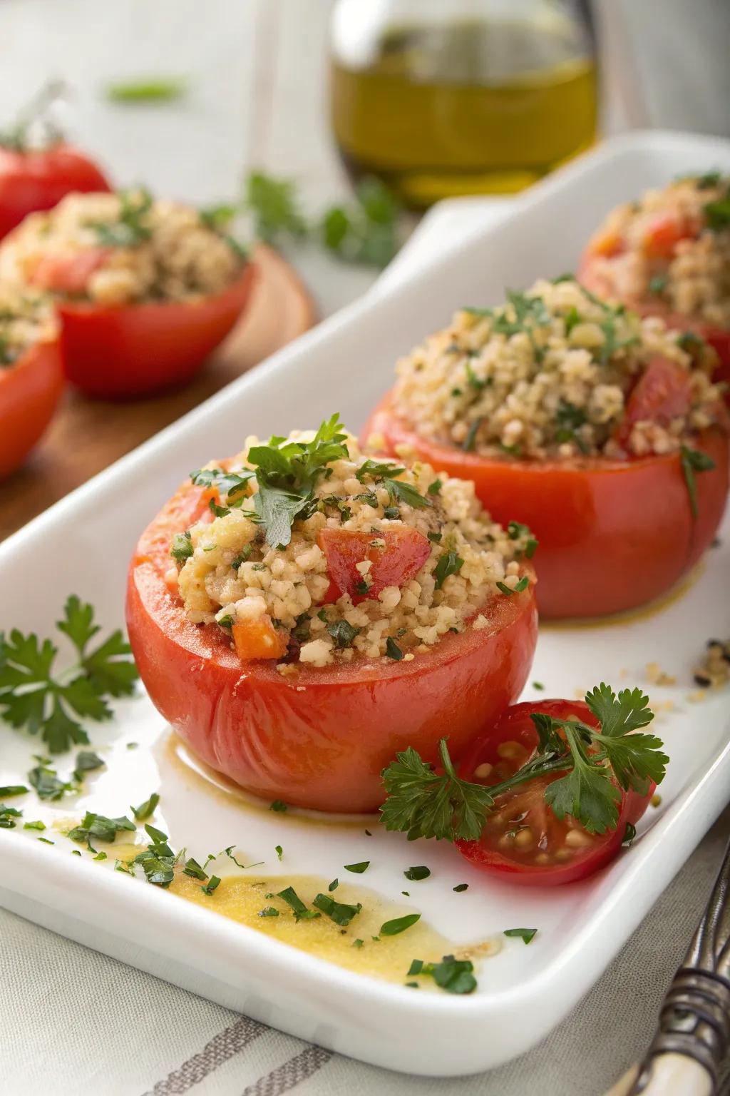 Beautifully stuffed tomatoes, a feast for the eyes and taste buds.
