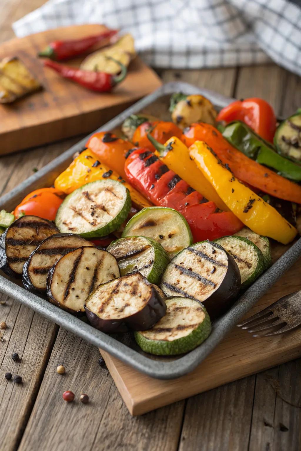 A vibrant platter of grilled summer vegetables, perfect for any barbecue.