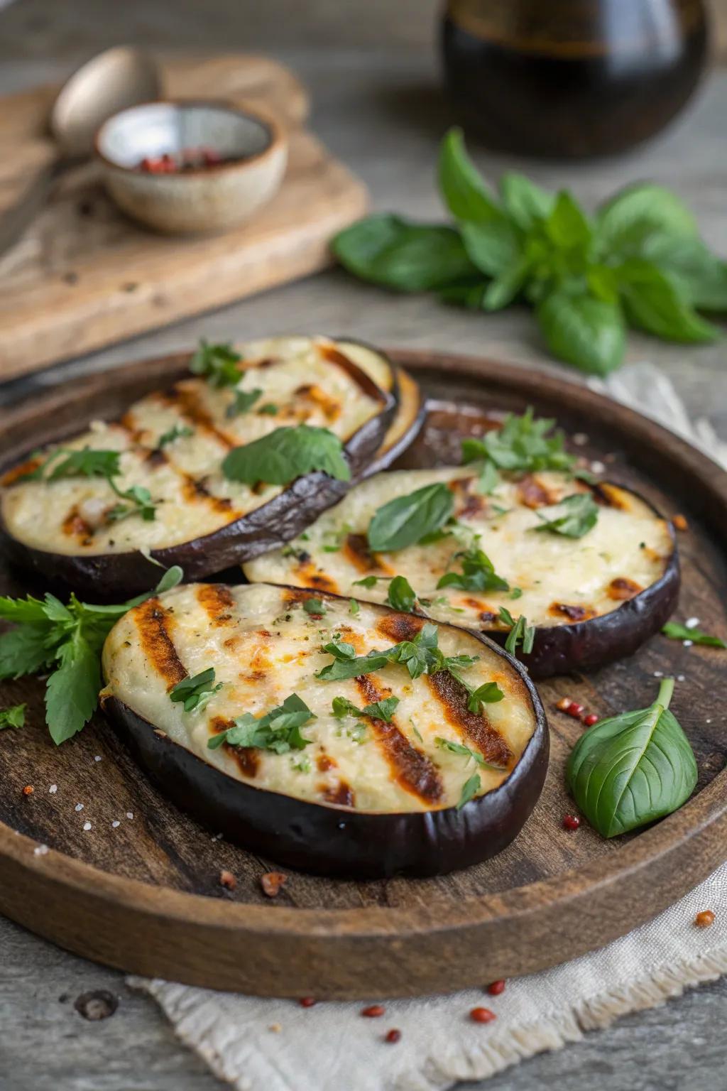 Savory grilled eggplant slices, perfect for an indulgent dinner.