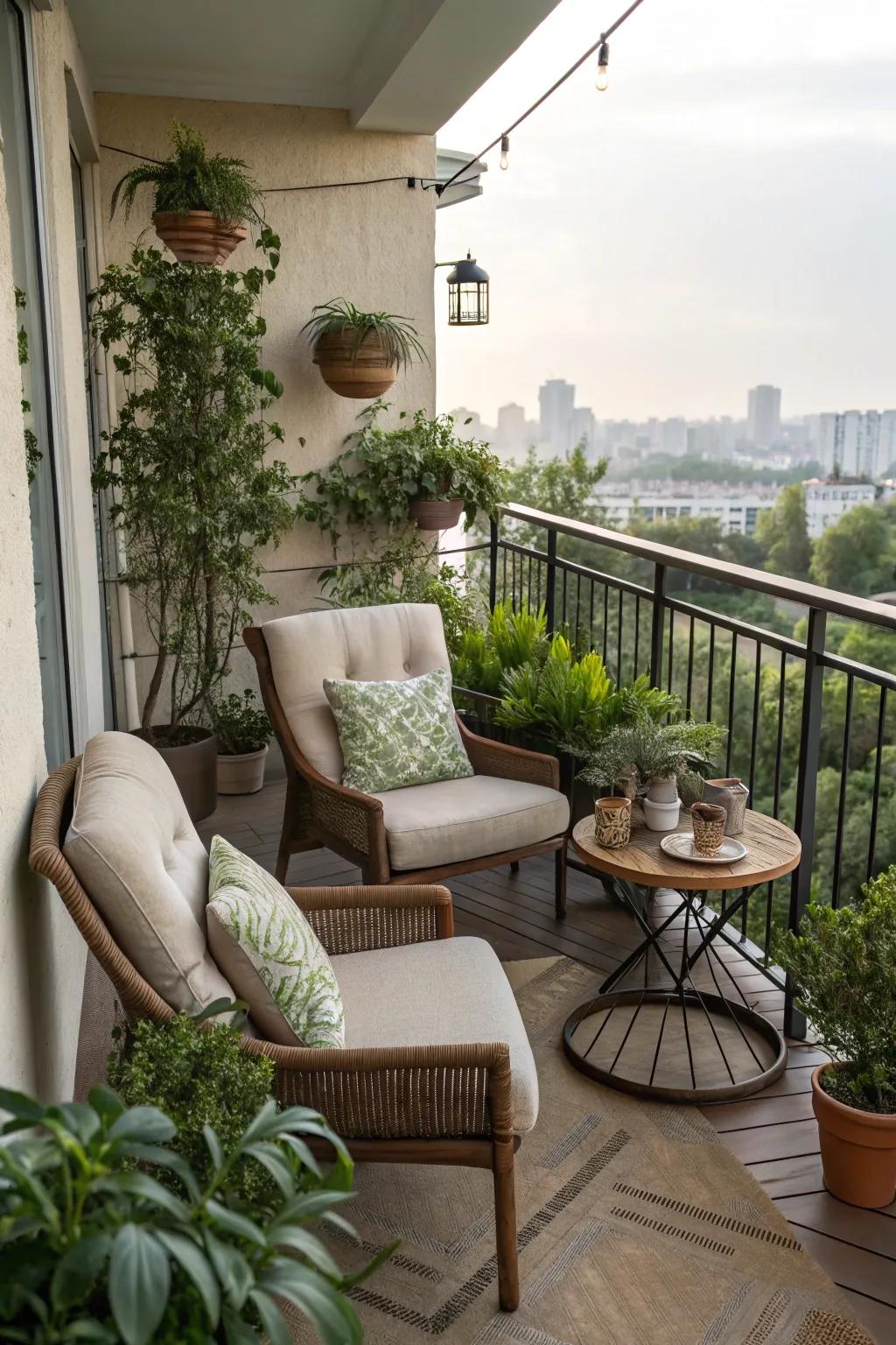 A cozy seating area on a balcony with plush chairs and greenery.