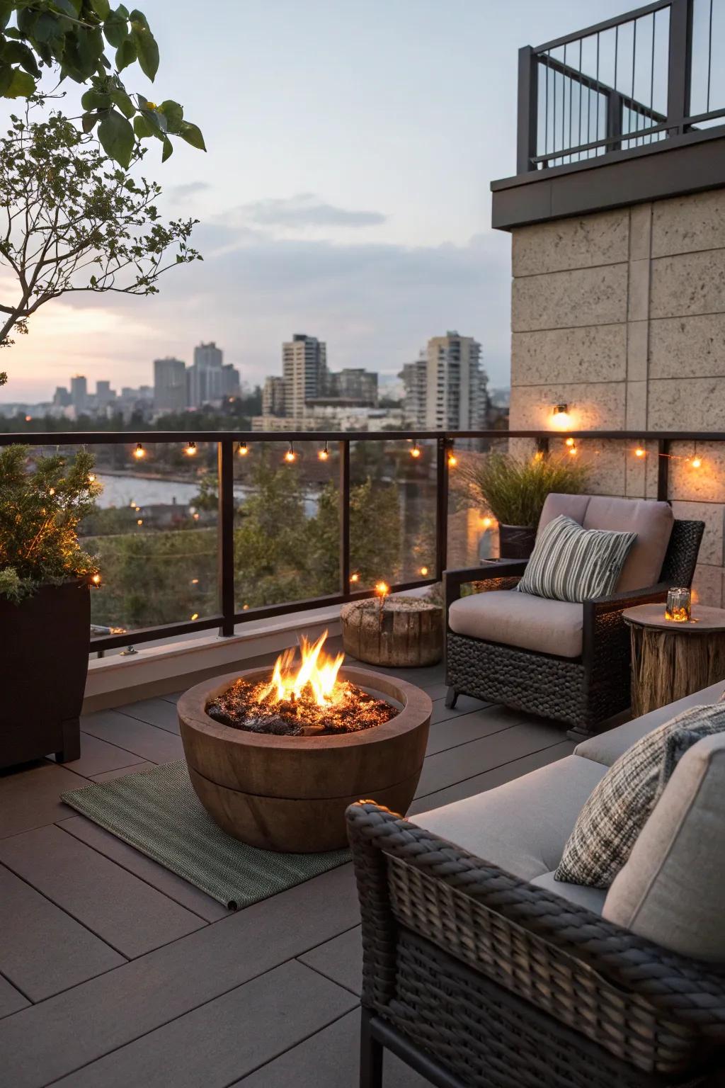 A warm and inviting balcony with a small fire pit.