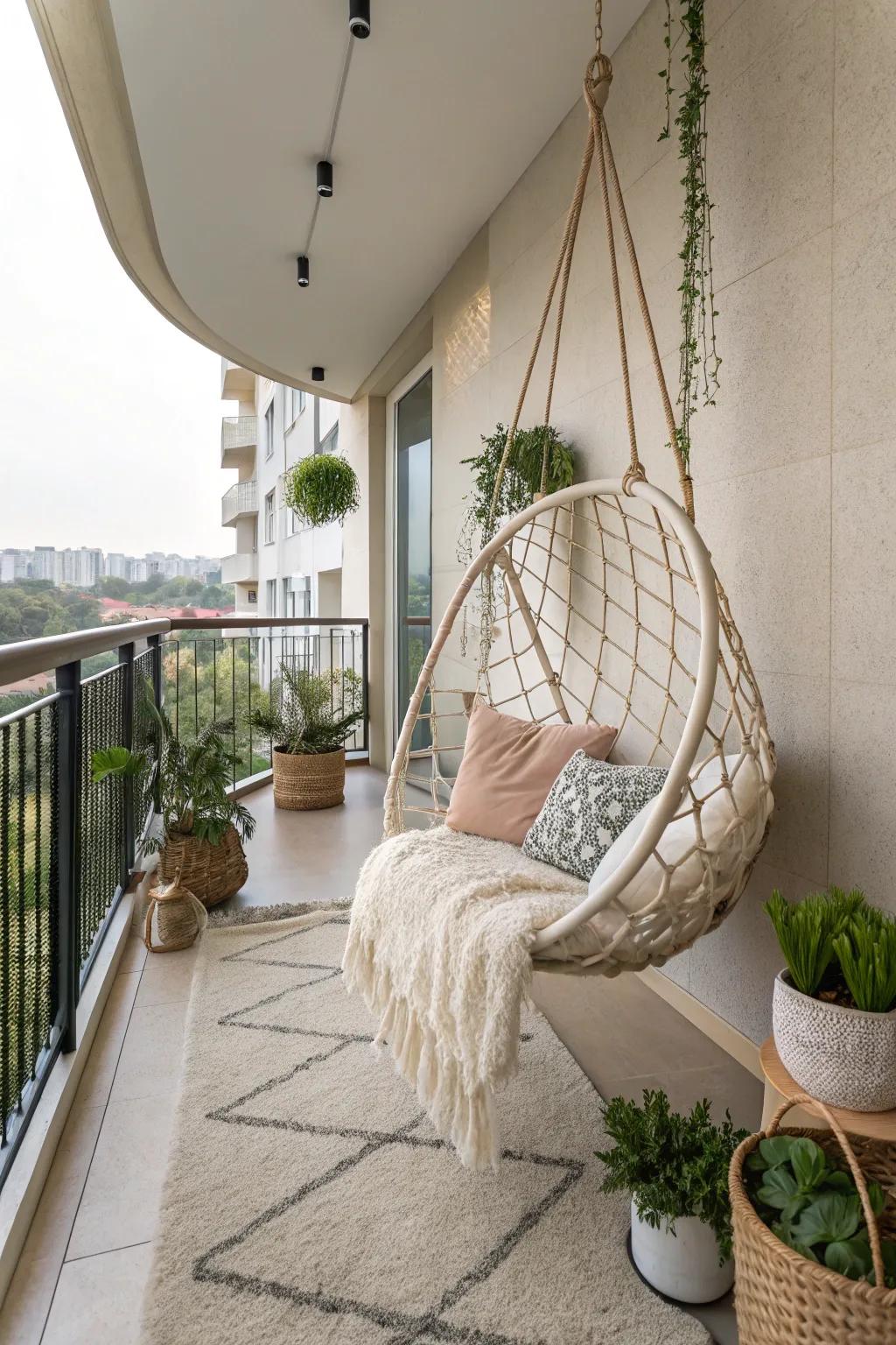 A charming balcony with a hanging swing chair and cozy decor.