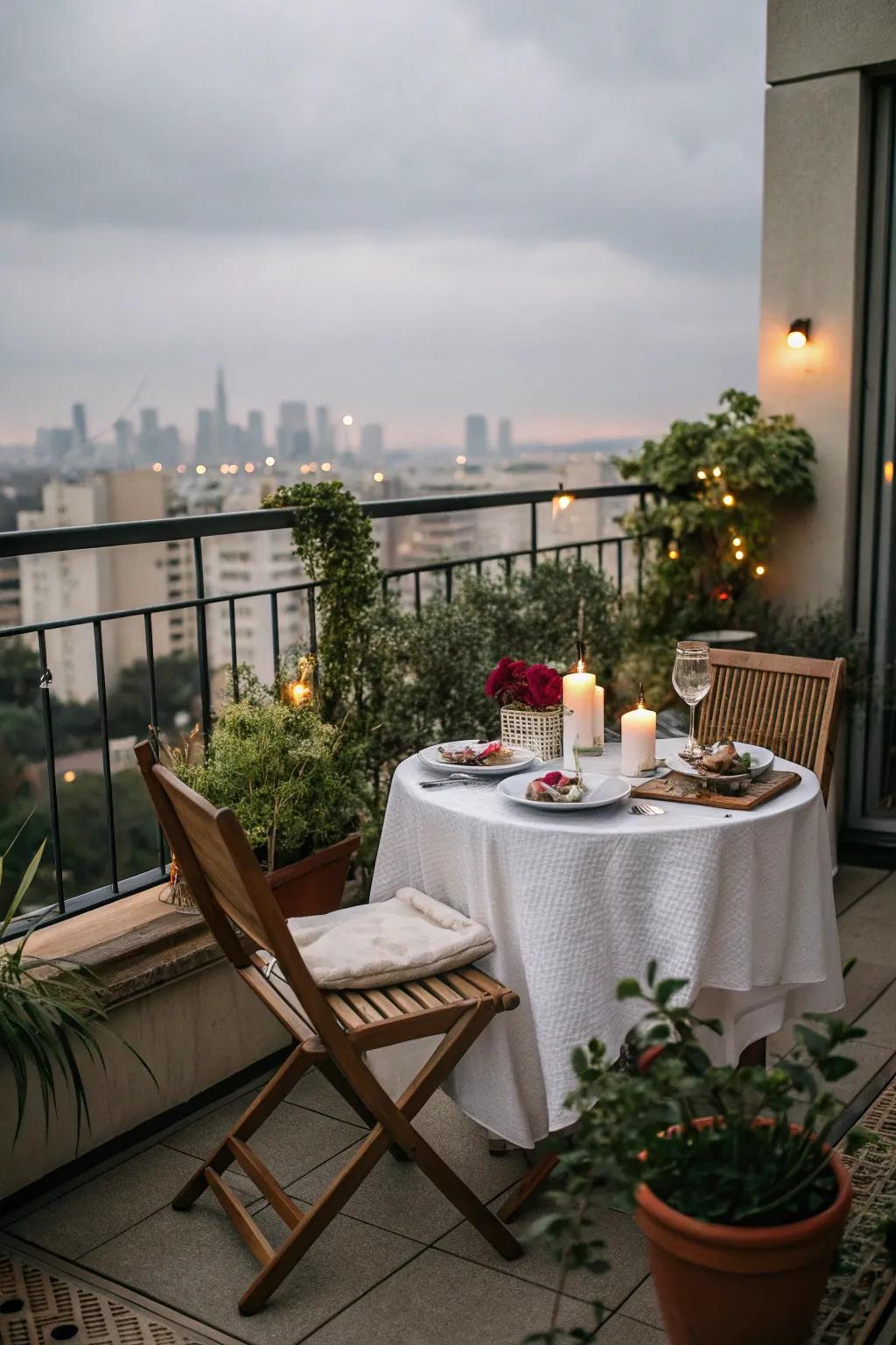 A charming dining setup on a balcony, perfect for meals al fresco.