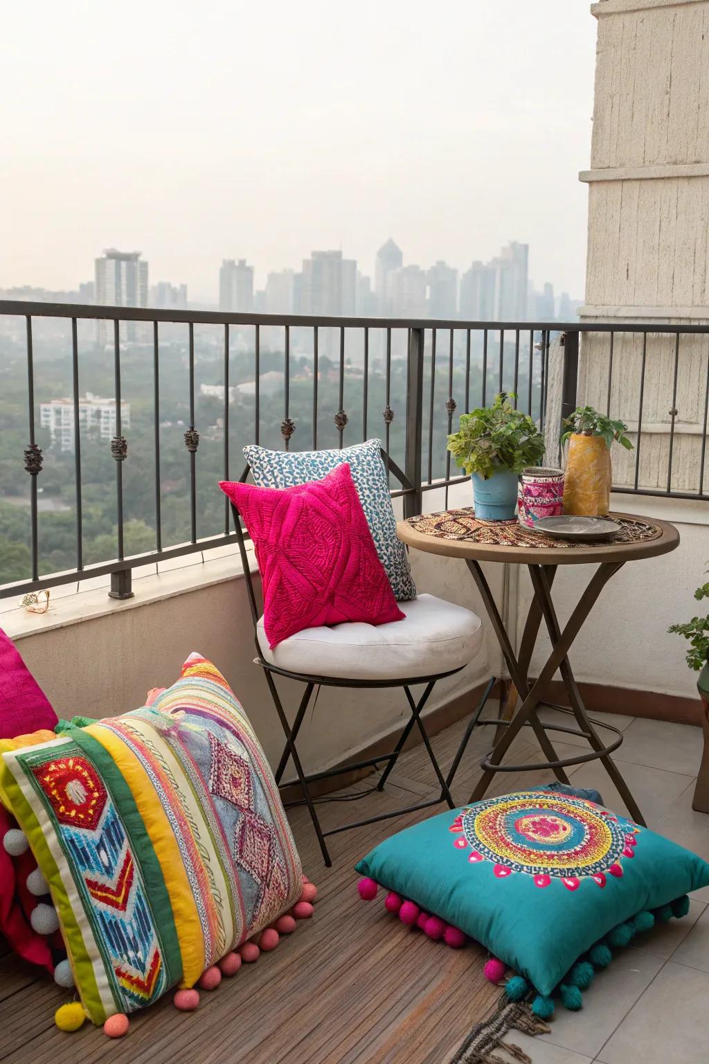 Bright cushions adding a pop of color to a balcony seating area.
