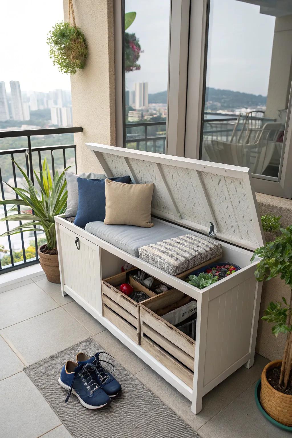 A functional balcony with a multi-purpose bench for seating and storage.