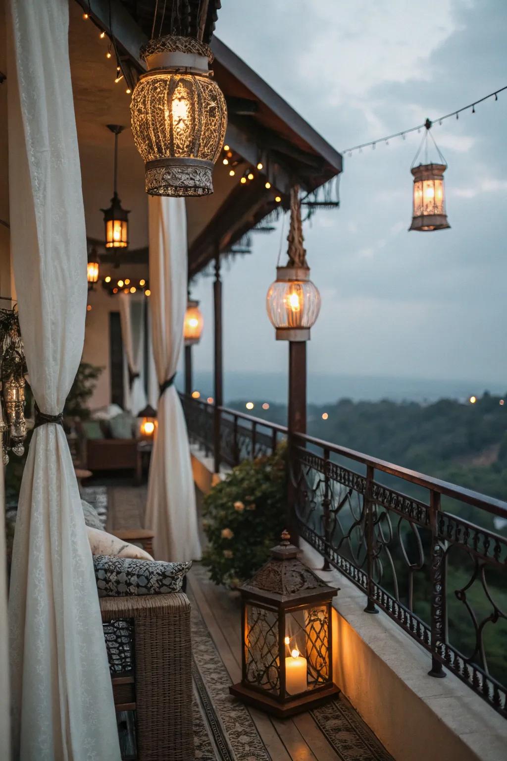 A cozy balcony with ambient lighting creating a warm glow.