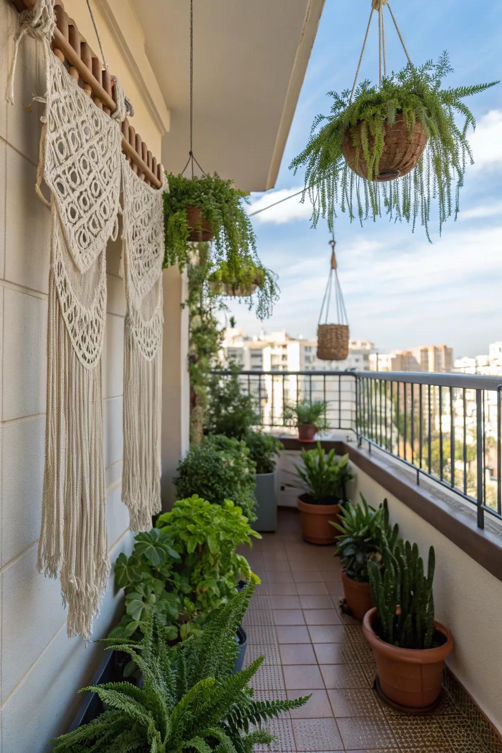 Charming macrame decor enhancing a balcony's appeal.