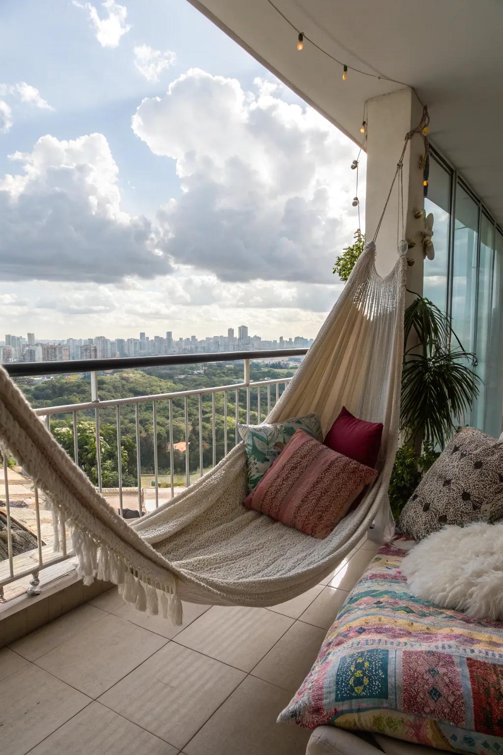 A relaxing hammock setup on a cozy balcony.