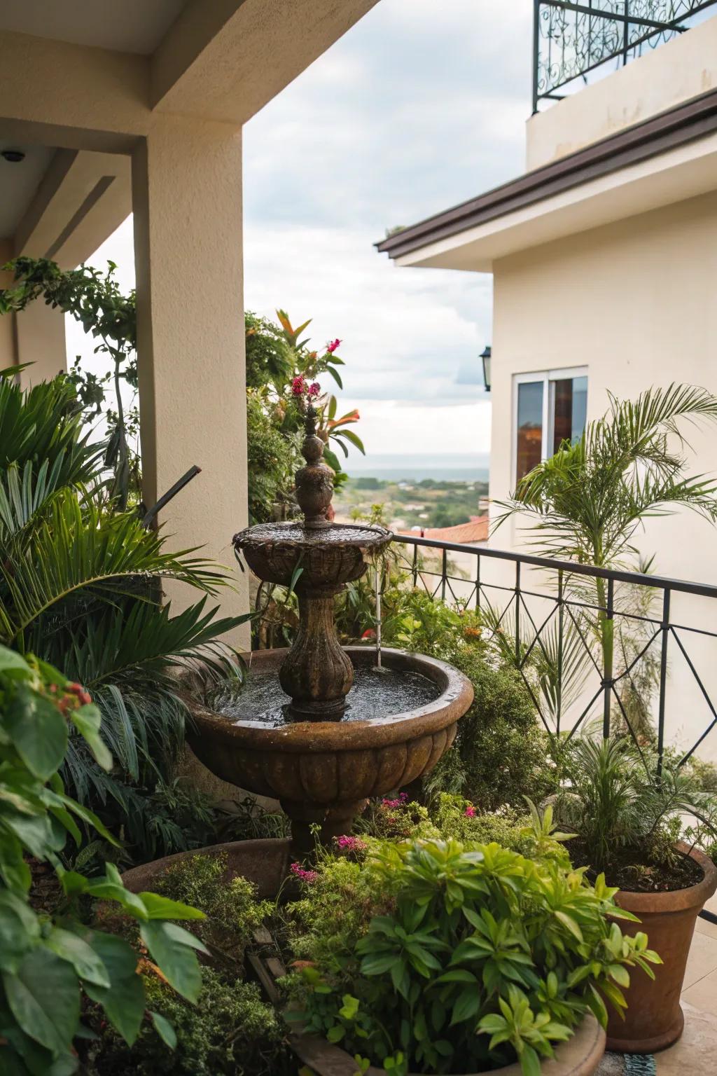 A peaceful water feature adding tranquility to a balcony.